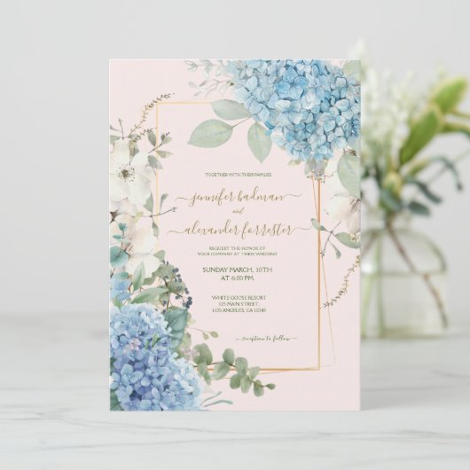赤面ピンクアジサイの水の色ほこりっぽいブルー結婚ズ 招待状 (スタンド正面)