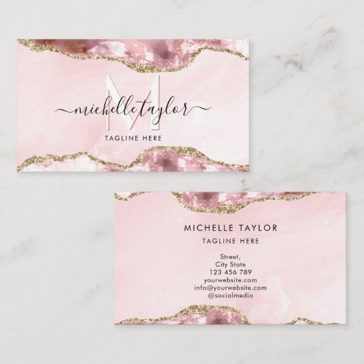 赤面ピンクアジテシックモノグラムモダン金ゴールド 名刺 (正面/裏面)