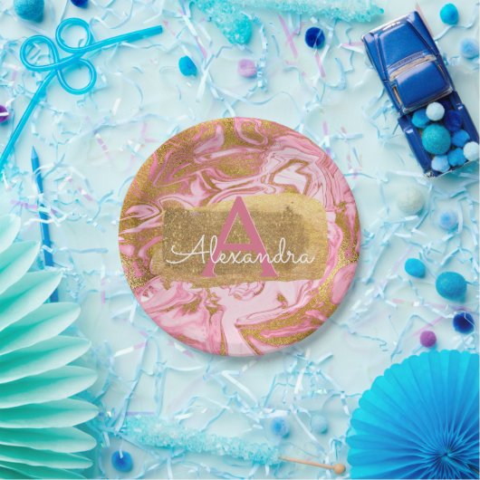 赤面ピンクアンドゴールドフォイルエレガントマーブル誕生日 ペーパープレート (パーティー)