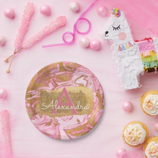 赤面ピンクアンドゴールドフォイルエレガントマーブル誕生日 ペーパープレート (パーティー)