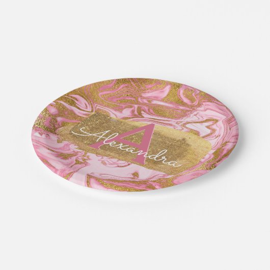 赤面ピンクアンドゴールドフォイルエレガントマーブル誕生日 ペーパープレート (アングル)