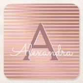 赤面ピンクアンドゴールドフォイルストライプズモノグラム誕生日 スクエアペーパーコースター (正面)