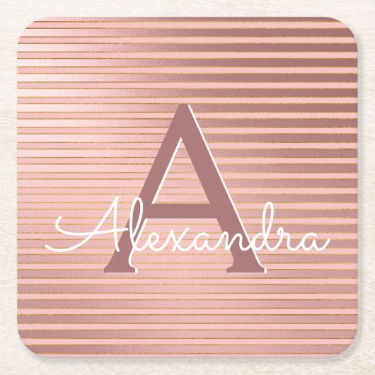 赤面ピンクアンドゴールドフォイルストライプズモノグラム誕生日 スクエアペーパーコースター (正面)