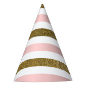 赤面ピンクアンドゴールドフォイルストライプバースデーパーティー パーティーハット (正面)