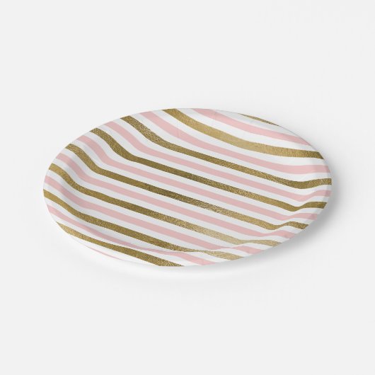 赤面ピンクアンドゴールドフォイルストライプバースデーパーティー ペーパープレート (アングル)