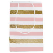 赤面ピンクアンドゴールドフォイルストライプバースデーパーティー ミディアムペーパーバッグ (正面)