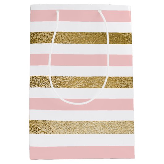 赤面ピンクアンドゴールドフォイルストライプバースデーパーティー ミディアムペーパーバッグ (正面)