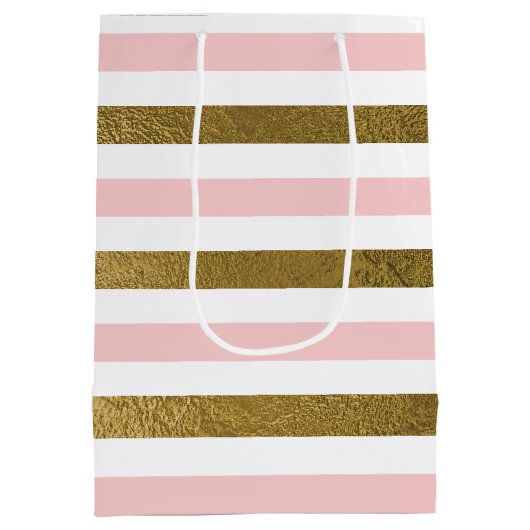 赤面ピンクアンドゴールドフォイルストライプバースデーパーティー ミディアムペーパーバッグ (裏面)