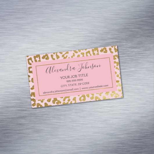 赤面ピンクアンドゴールドフォイルヒョウアニマルプリント マグネット名刺 (インサイチュ)