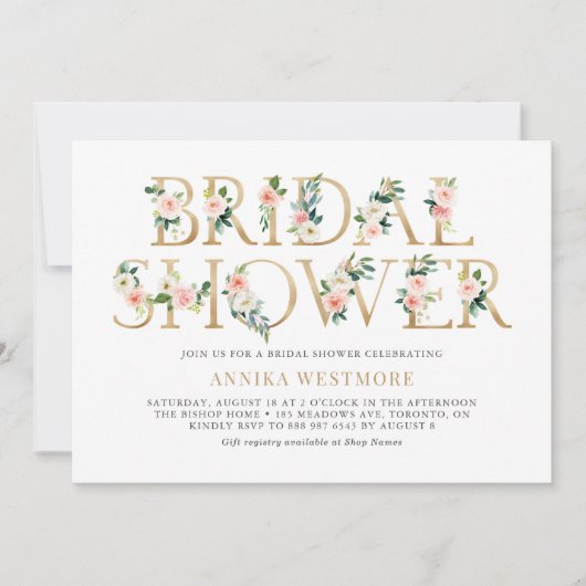 赤面ピンクアンドゴールドフォイルフローラガールブライダルシャワー 招待状 (正面)