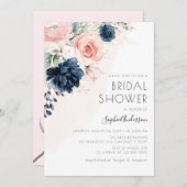 赤面ピンクアンドネイビーブルーバラボホブライダルシャワー 招待状 (正面/裏面)