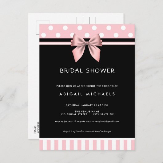 赤面ピンクアンドブラック水玉模様ブライダルシャワー インビテーションポストカード (正面/裏面)