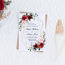 赤面ピンクアンドブルゴーニュバラ結婚式招待状