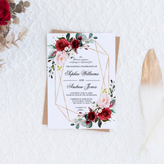 赤面ピンクアンドブルゴーニュバラ結婚式招待状 招待状