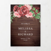 赤面ピンクアンドブルゴーニュフローラバーンウッド結婚ズ 三つ折り招待状 (カバー)