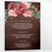 赤面ピンクアンドブルゴーニュフローラバーンウッド結婚ズ 三つ折り招待状 (内部最初)