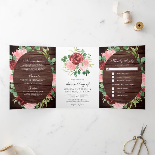 赤面ピンクアンドブルゴーニュフローラバーンウッド結婚ズ 三つ折り招待状 (内部)