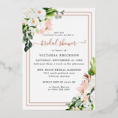 赤面ピンクアンドホワイトトロピカルフローラブライダルシャワー 箔招待状 (正面)