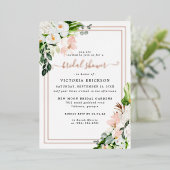 赤面ピンクアンドホワイトトロピカルフローラブライダルシャワー 箔招待状 (立ち正面)