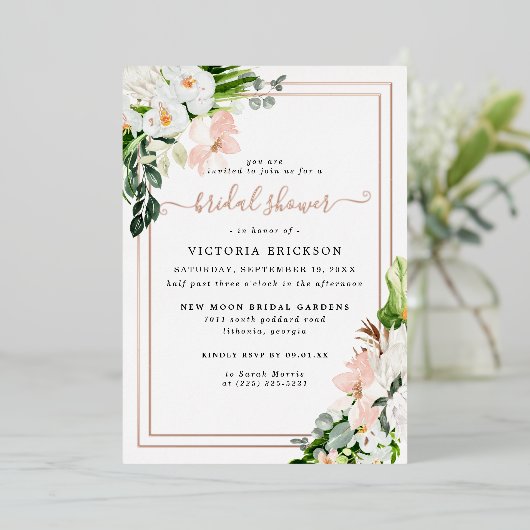 赤面ピンクアンドホワイトトロピカルフローラブライダルシャワー 箔招待状 (立ち正面)