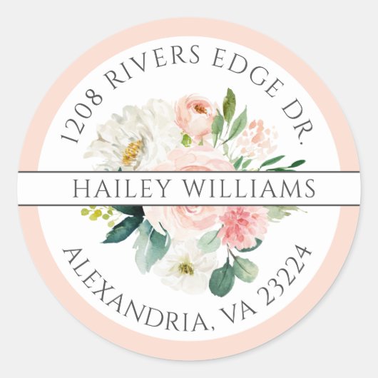 赤面ピンクアンドホワイトブーケ差出人住所 ラウンドシール (正面)