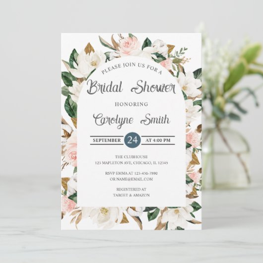 赤面ピンクアンドホワイトマグノリアアーチブライダルシャワー 招待状 (スタンド正面)