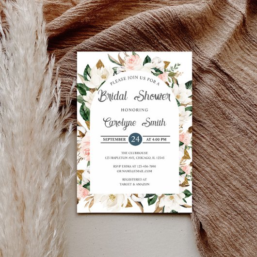 赤面ピンクアンドホワイトマグノリアアーチブライダルシャワー 招待状