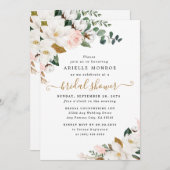 赤面ピンクアンドホワイトマグノリアフローラブライダルシャワー 招待状 (正面/裏面)