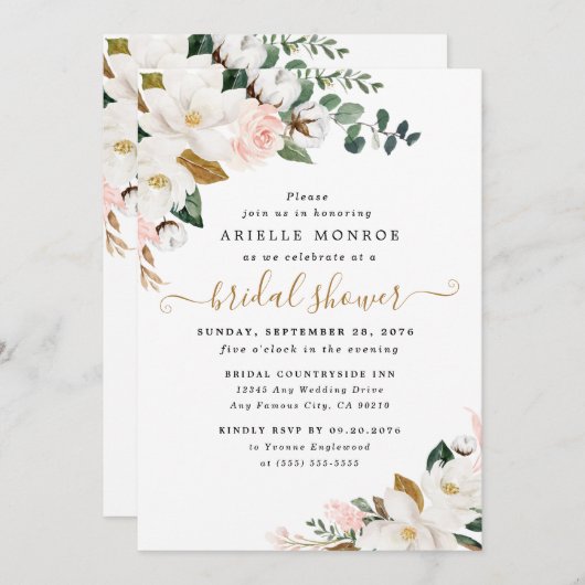 赤面ピンクアンドホワイトマグノリアフローラブライダルシャワー 招待状 (正面/裏面)