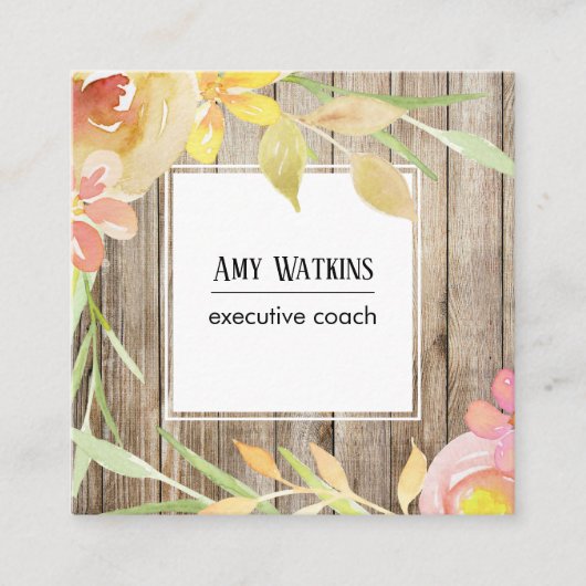 赤面ピンクイエローウォーター色の花素朴材 スクエア名刺 (正面)