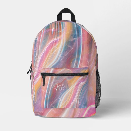 赤面ピンクイエローパープルブルーマーブルモノグラムを追加 プリントバックパック (正面)
