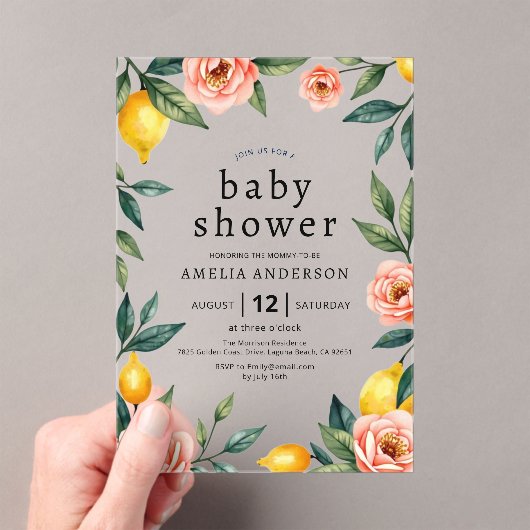 赤面ピンクイエローフローラレモンシトラスベビーシャワー アクリル招待状 (インサイチュ (ポータブル))