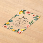 赤面ピンクイエローフローラレモンシトラスベビーシャワー アクリル招待状 (レイダウン)