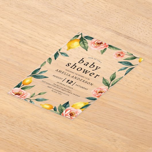 赤面ピンクイエローフローラレモンシトラスベビーシャワー アクリル招待状 (レイダウン)