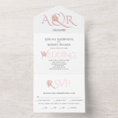 赤面ピンクイニシャルとピンクローズ結婚ブーケ オールインワン招待状 (内側)