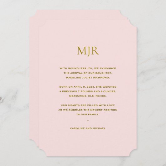 赤面ピンクイニシャルガール誕生 案内状 (正面/裏面)