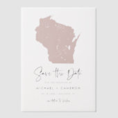 赤面ピンクウィスコンシン地図ミニマリスト日付を保存 ベラム紙招待状 (正面)