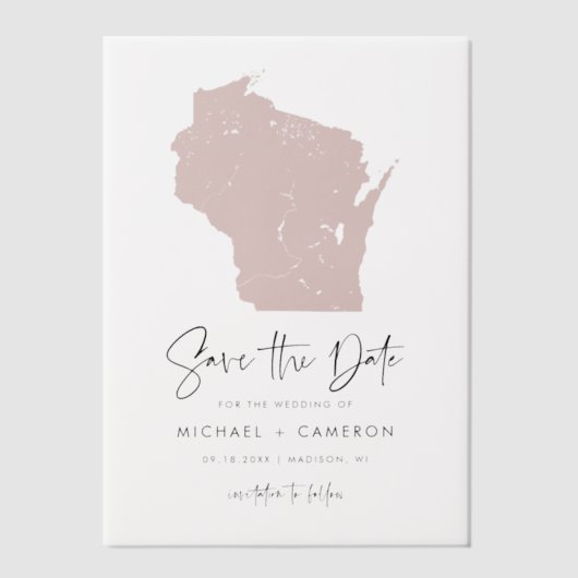 赤面ピンクウィスコンシン地図ミニマリスト日付を保存 ベラム紙招待状 (正面)