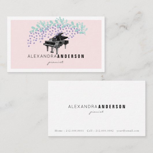 赤面ピンクウィステリアヴィンテージピアノビジネスカード 名刺 (正面/裏面)