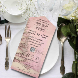 赤面ピンクウィンターシーンスノーパインツリークリスマス オールインワン招待状