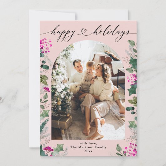 赤面ピンクウィンターハッピーホリデーズフォトカード シーズンカード (正面)