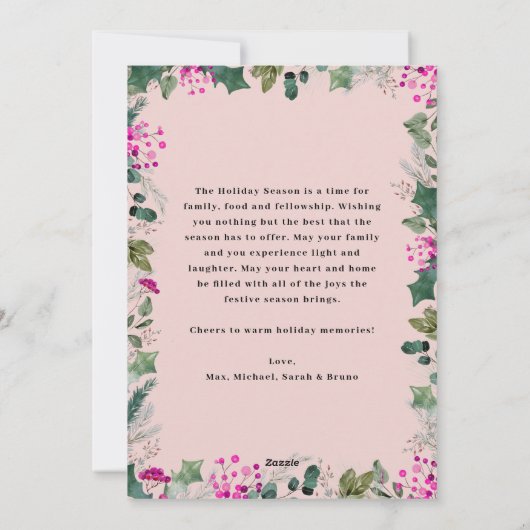 赤面ピンクウィンターハッピーホリデーズフォトカード シーズンカード (裏面)