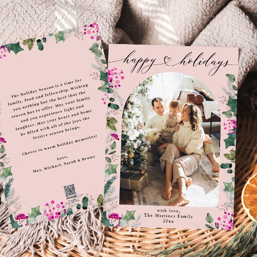 赤面ピンクウィンターハッピーホリデーズフォトカード シーズンカード
