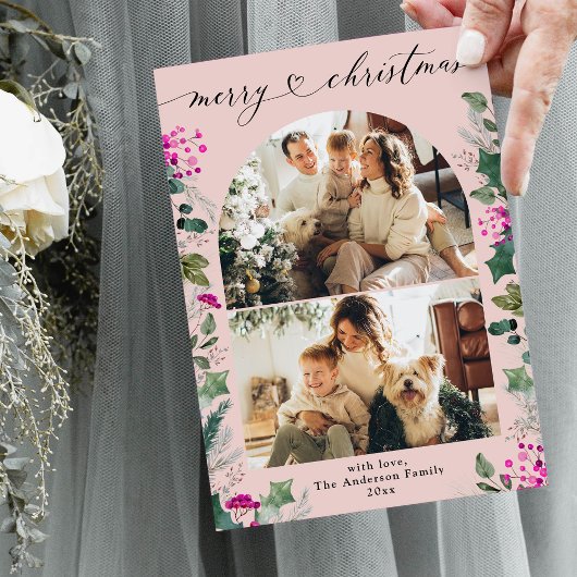 赤面ピンクウィンターボタニカル2フォトクリスマスカード シーズンカード