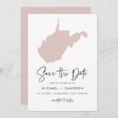 赤面ピンクウェストバージニア地図ミニマリストスクリプト セーブザデート (正面/裏面)