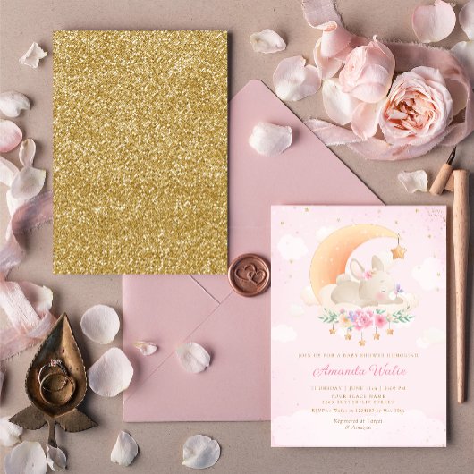 赤面ピンクウォーターカラーかわいいバニーガールベイビーシャワー 招待状
