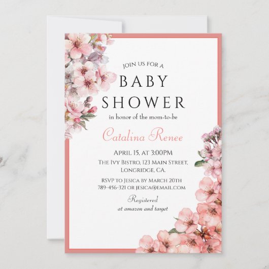 赤面ピンクウォーターカラーさくらんぼブロッサムエレガント 招待状 (正面)