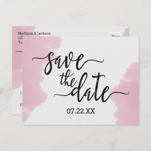 赤面ピンクウォーターカラーウェディング日付を保存 案内ポストカード (正面/裏面)