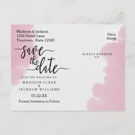 赤面ピンクウォーターカラーウェディング日付を保存 案内ポストカード (裏面)