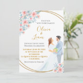 赤面ピンクウォーターカラーカップルとバラ結婚ズ 招待状 (スタンド正面)